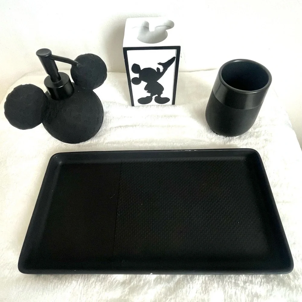 Mickey Mouse Bathroom Set Soap dispenser Towels Tray Toothbrush holder Mug